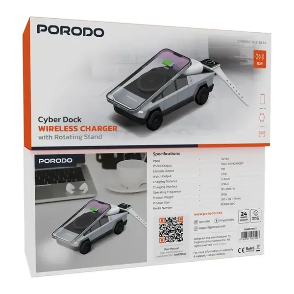 Porodo Cyber Dock Wireless Charger With Rotating Stand